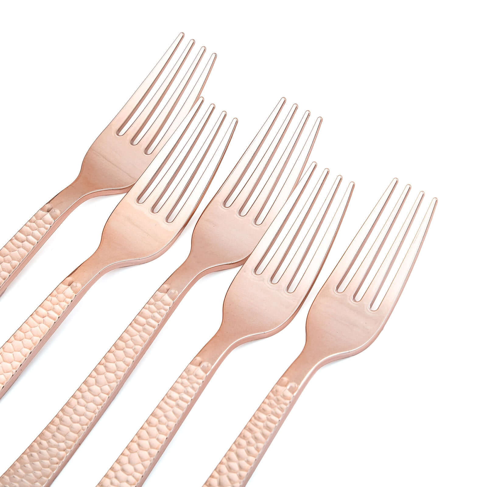 24-Pack Plastic Forks with Hammered Style Rose Gold - Heavy Duty Disposable Silverware 7"