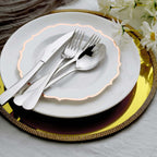 10-Pack Plastic 8" Round Dessert Plates in White with Rose Gold Scalloped Rim - Disposable Appetizer/Salad Plates