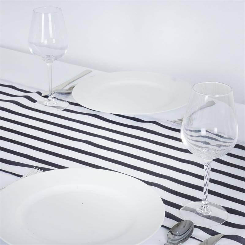 Satin 12"x108" Table Runner Black/White Asymmetric Stripe - Modern Chic Table Decor