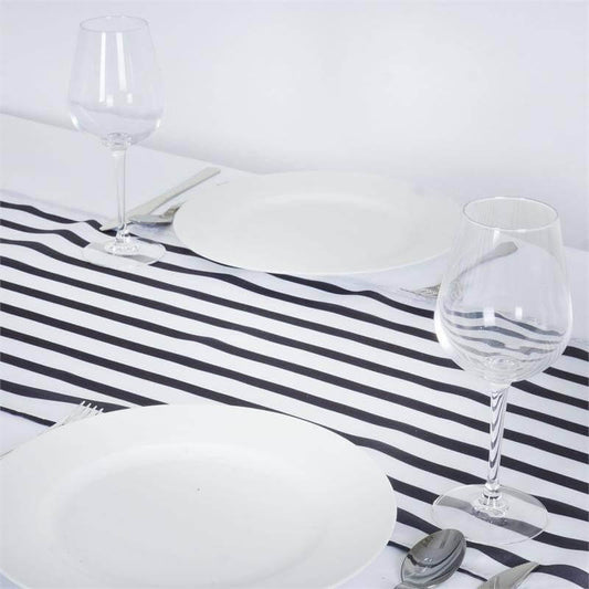 Satin 12"x108" Table Runner Black/White Asymmetric Stripe - Modern Chic Table Decor