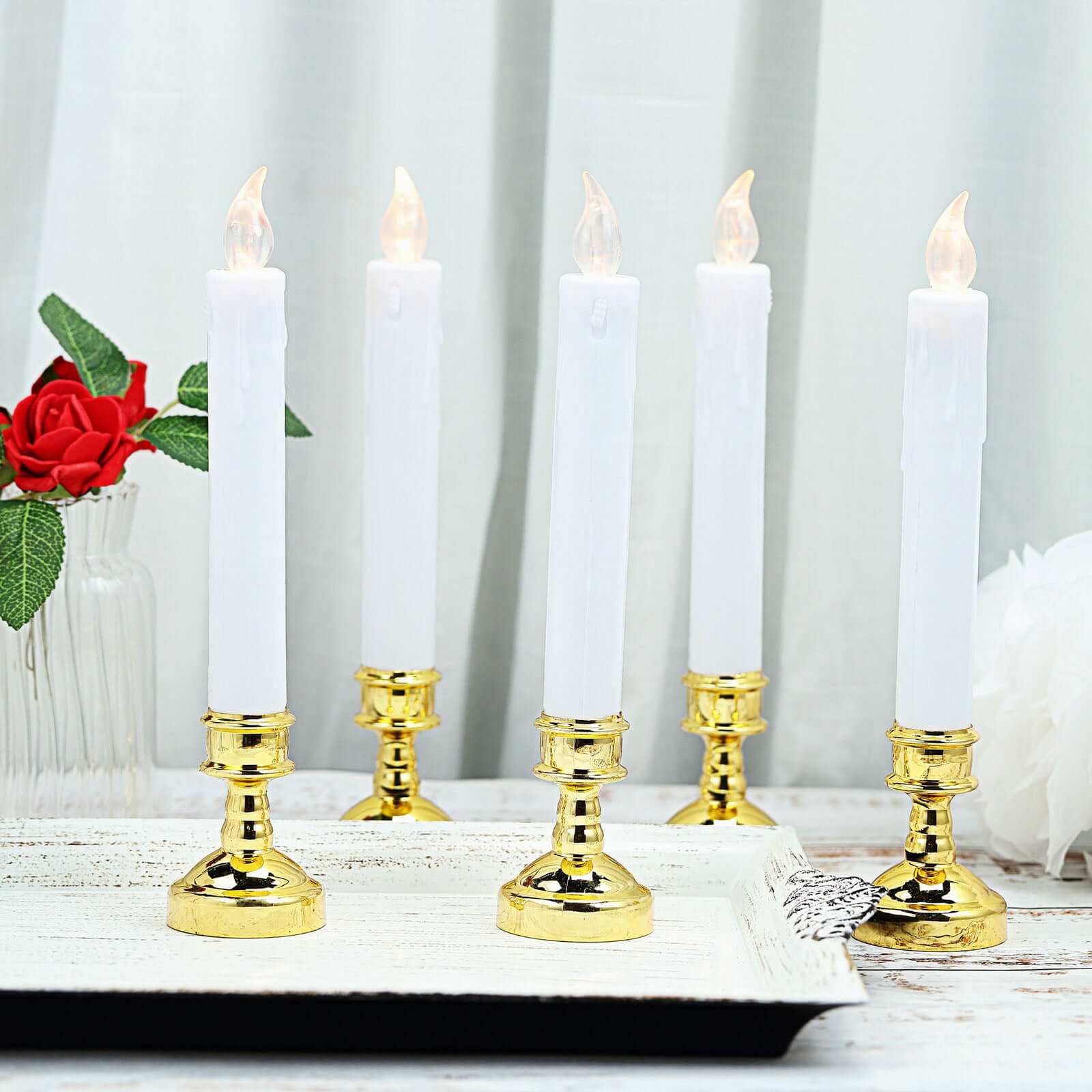 Set of 6 LED Window Candles Flickering White - Battery Operated Taper Candles with Gold Holders 10"
