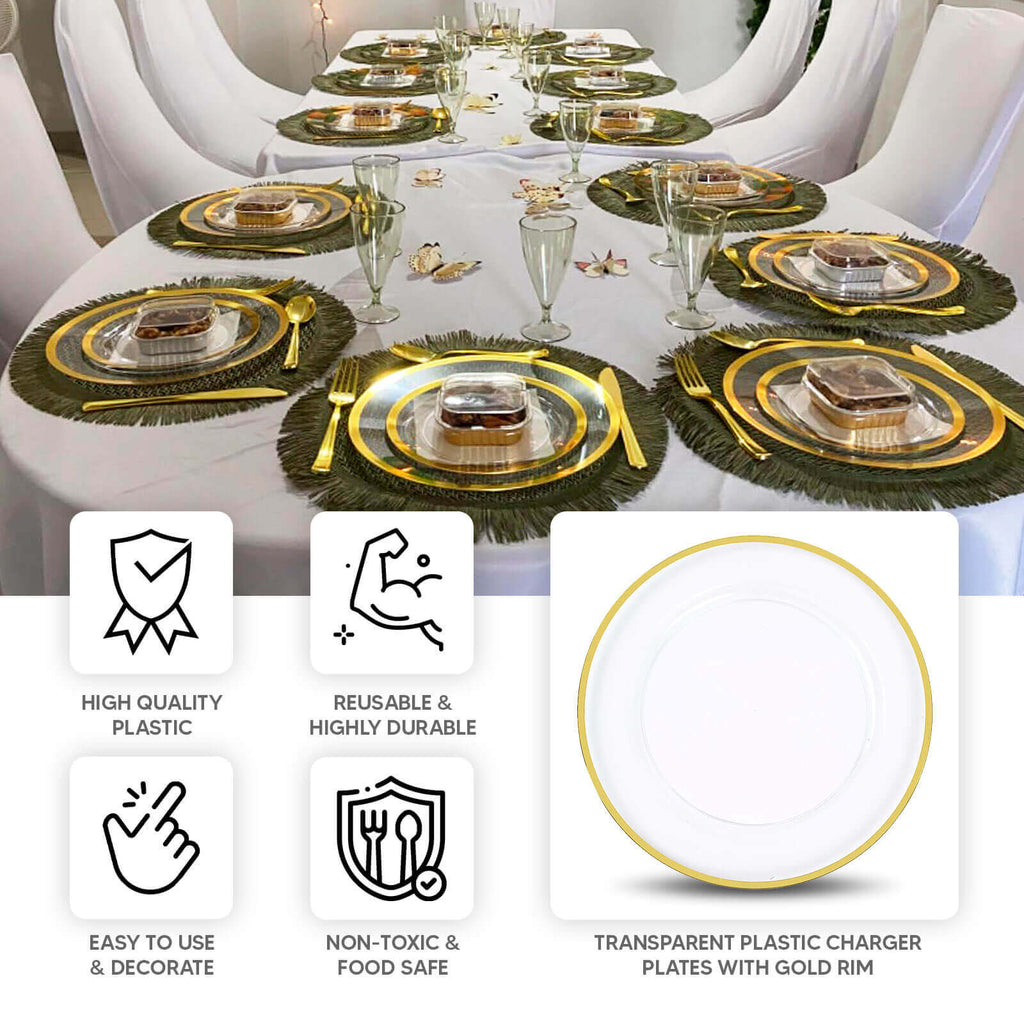 10-Pack Economy Plastic Round Charger Plates 12" in Clear with Wide Gold Rim, Decorative Dinner Party Serving Plates