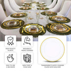 10-Pack Economy Plastic Round Charger Plates 12" in Clear with Wide Gold Rim, Decorative Dinner Party Serving Plates