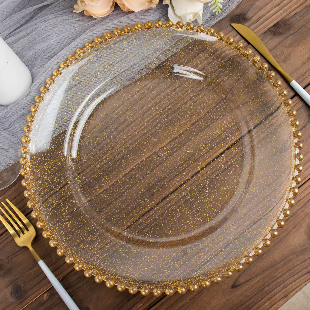 6-Pack Acrylic Round Charger Plates 13" in Clear Gold Glittered with Beaded Rim, Decorative Dinner Party Serving Plates