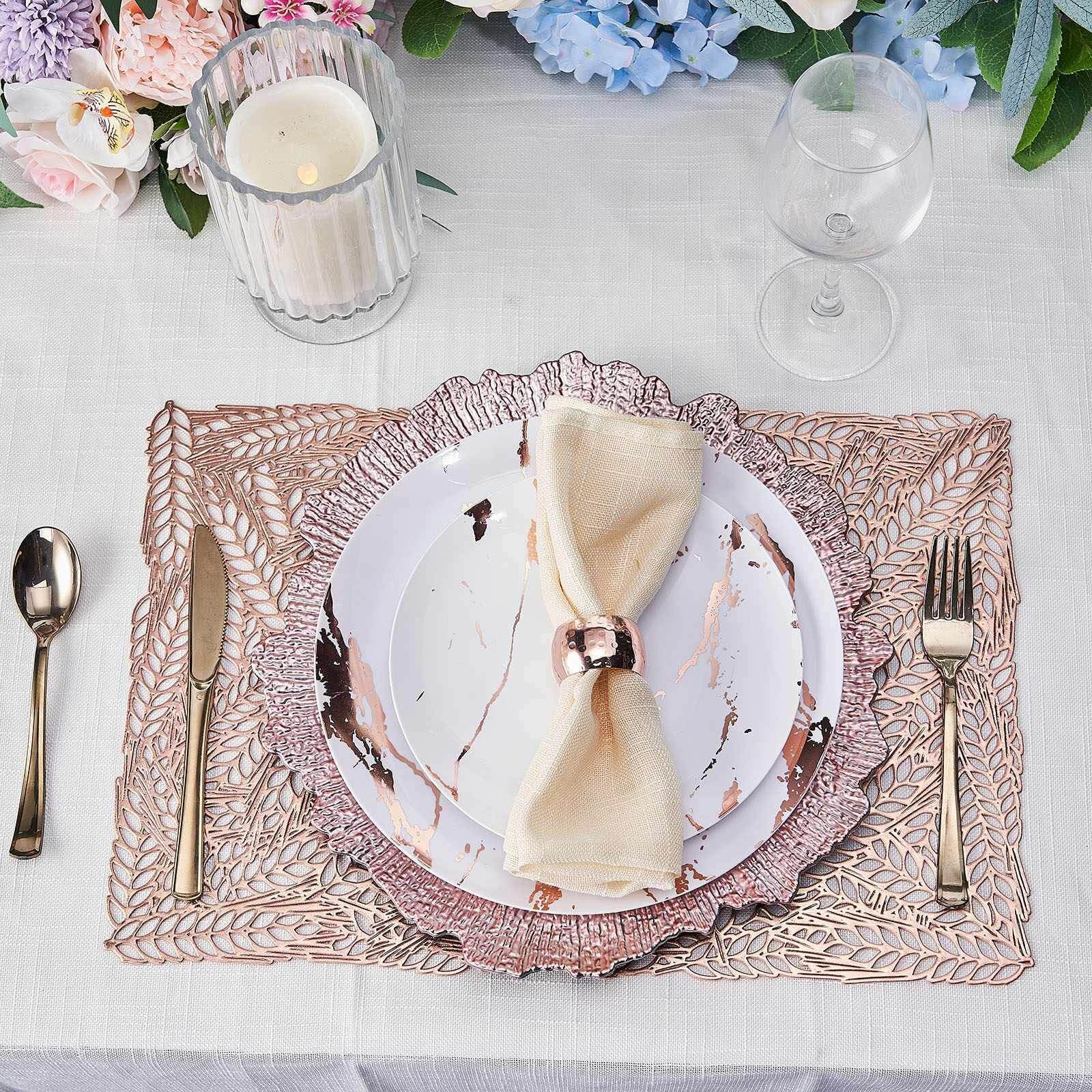 6-Pack Table Mats Wheat Design Rose Gold - Vinyl Rectangle Non-Slip Surface for Stylish Settings 12"x18"