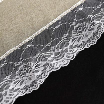 Faux Burlap Jute 16"x108" Table Runner Taupe With White Lace Edging - Rustic Farmhouse Table Linen