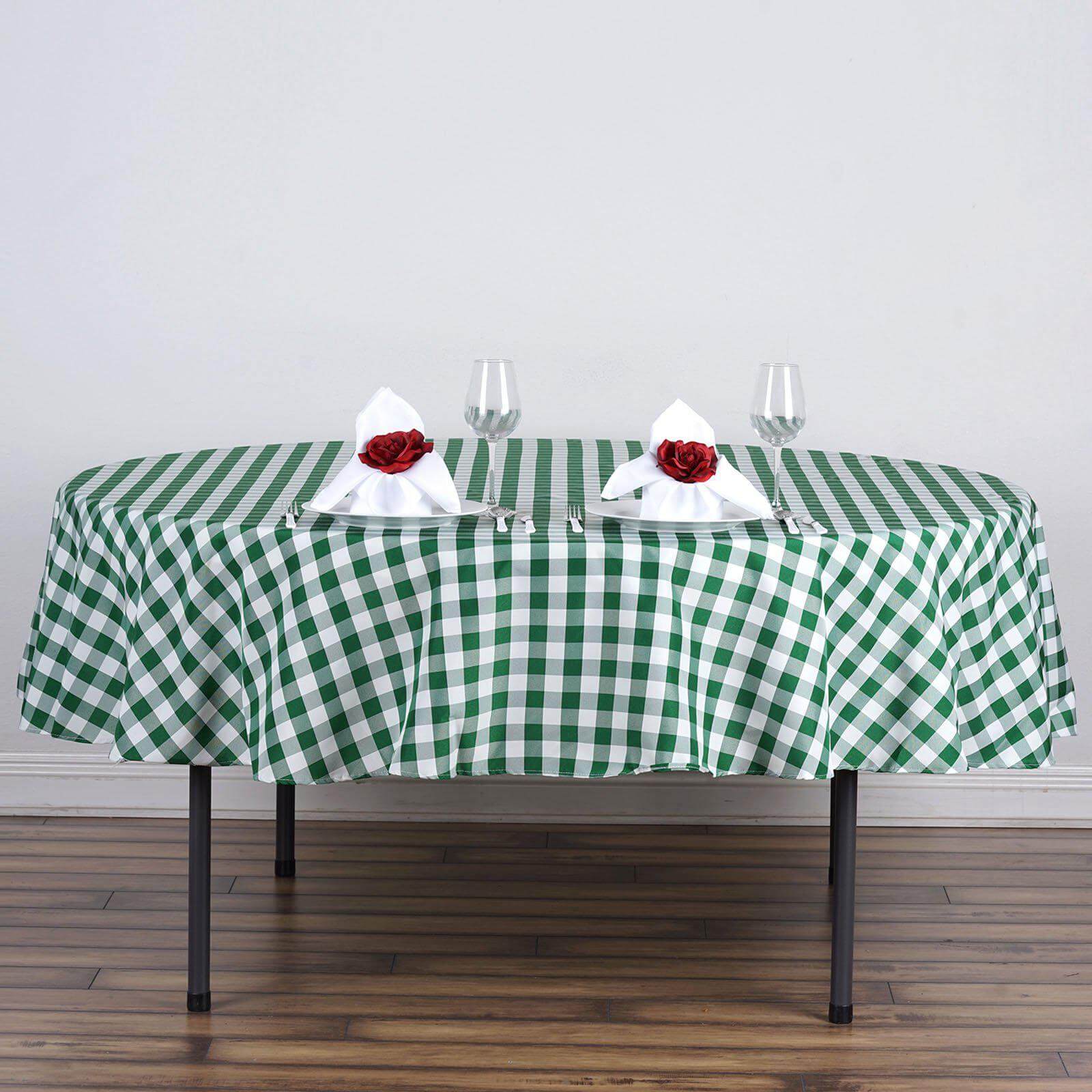 Polyester 70" Round Tablecloth White/Green - Checkered Buffalo Plaid Table Cover