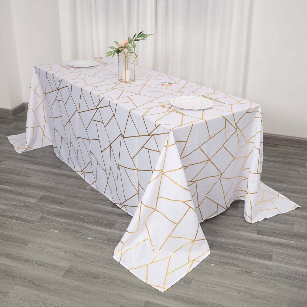 Polyester 90"x132" Rectangle Tablecloth White Seamless with Gold Foil Geometric Pattern - Wrinkle-Resistant Seamless Table Cover for Sophisticated Events