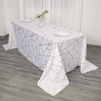 Polyester 90"x132" Rectangle Tablecloth White Seamless with Gold Foil Geometric Pattern - Wrinkle-Resistant Seamless Table Cover for Sophisticated Events