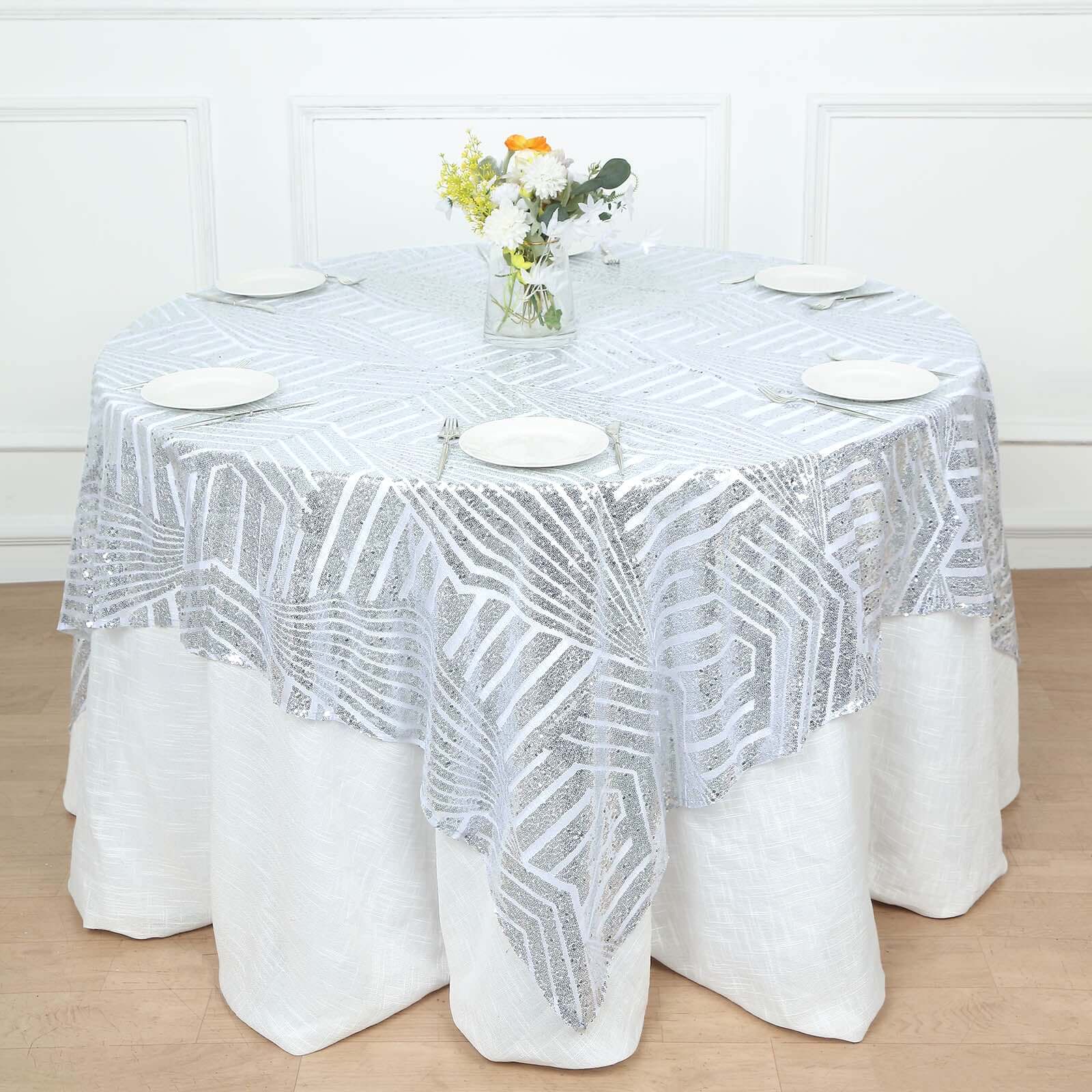 Sequin 72" Table Overlay Square Tablecloth Silver - Diamond Glitz Table Cover