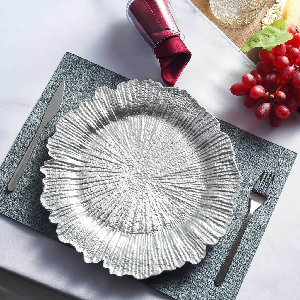 6-Pack Acrylic Plastic Round Charger Plates 13" in Silver with Reef Design, Dinner Charger Tableware