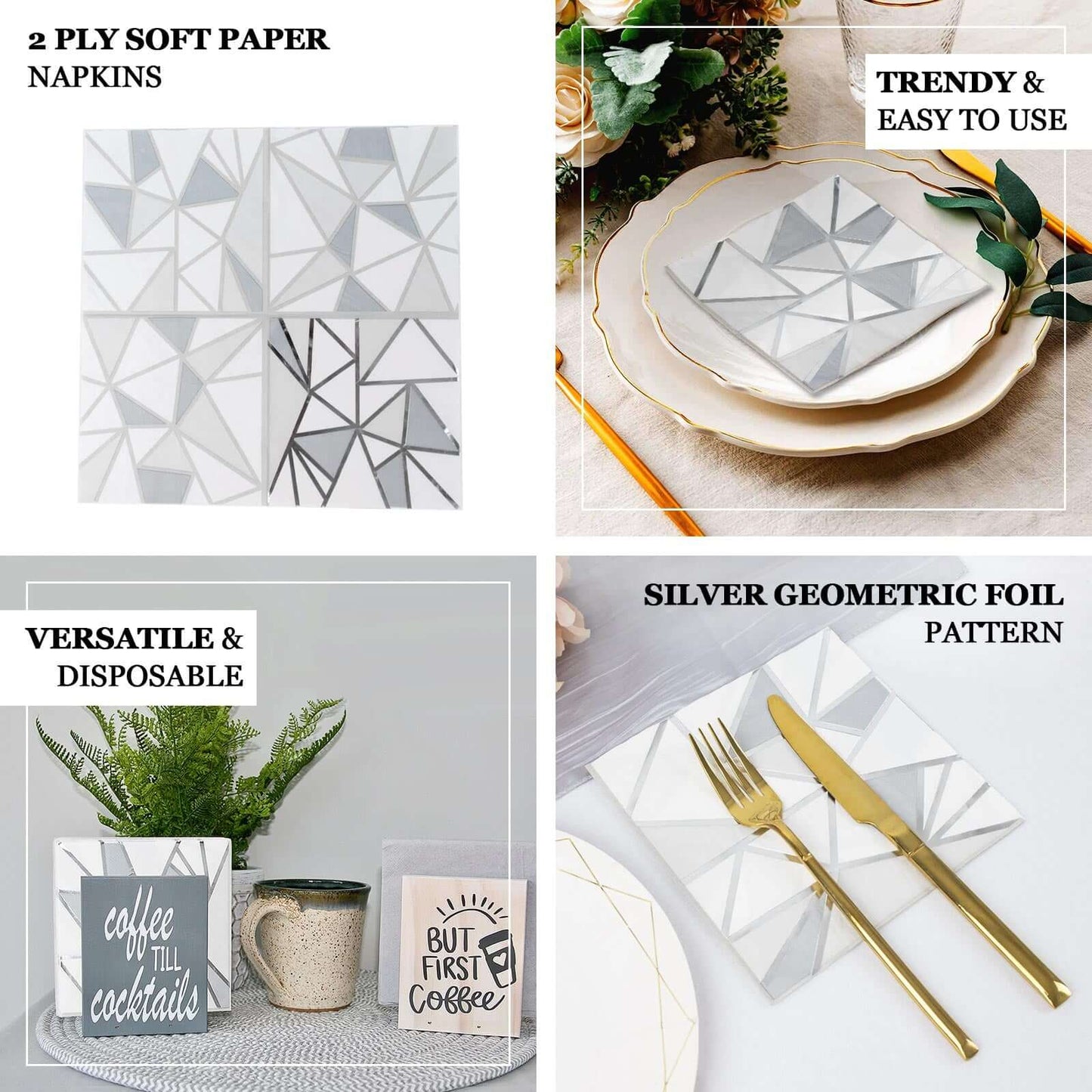 20-Pack Paper Party Napkins with Geometric Silver Foil Print - 2 Ply Soft Disposable Beverage Napkins for Weddings 6.5"x6.5"