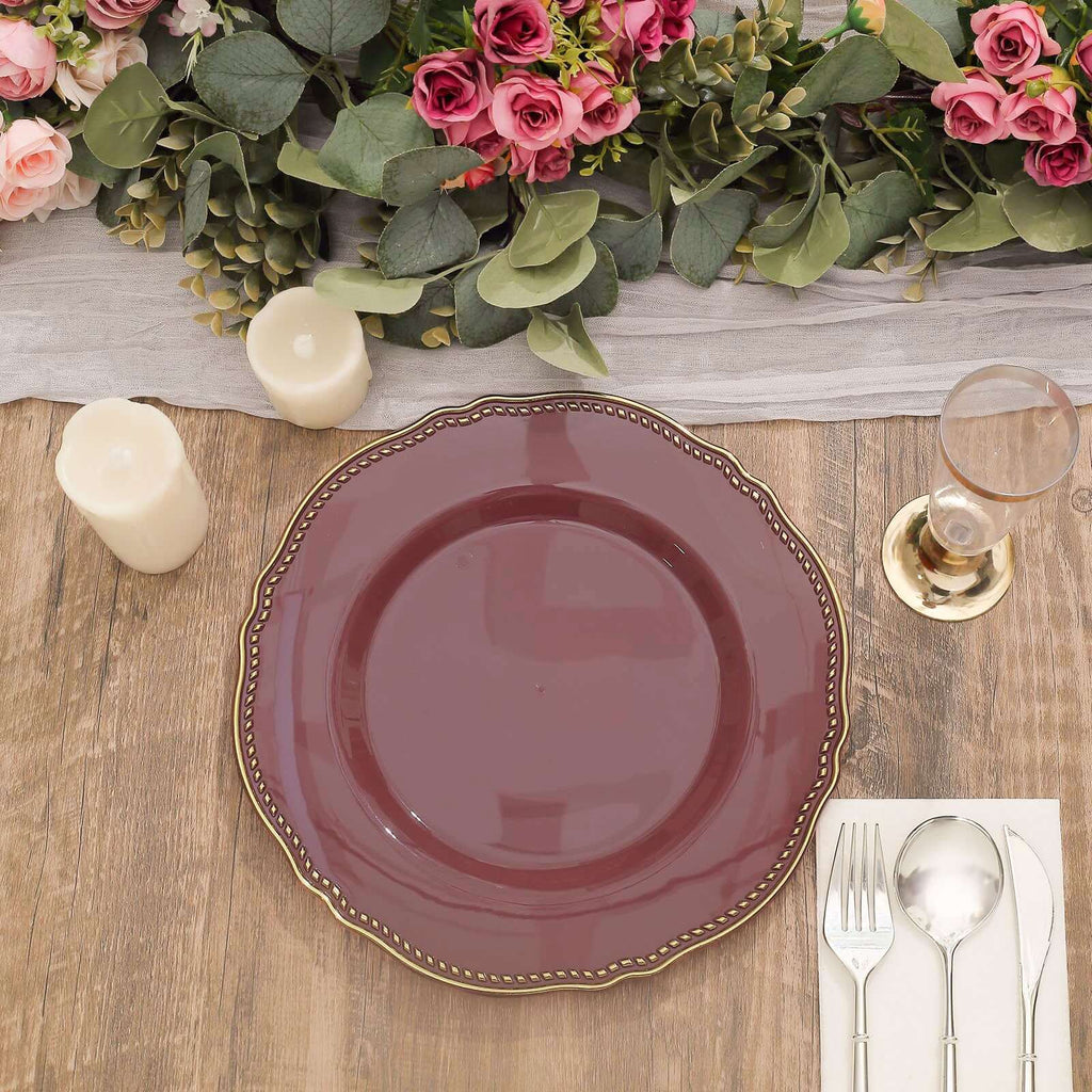 10-Pack Plastic 10" Dinner Plates in Cinnamon Rose with Gold Scalloped Rim - Disposable Large Party Plates