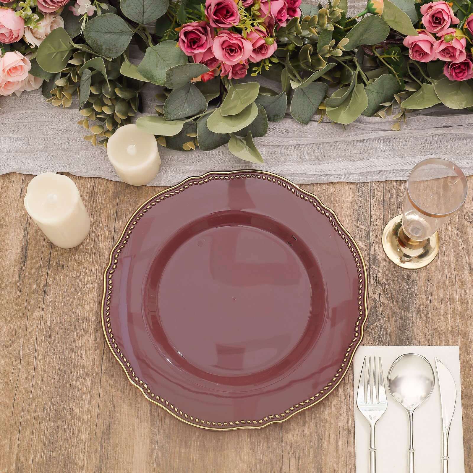 10-Pack Plastic 10" Dinner Plates in Cinnamon Rose with Gold Scalloped Rim - Disposable Large Party Plates