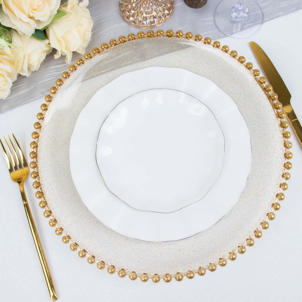 6-Pack Acrylic Round Charger Plates 13" in Clear Gold Glittered with Beaded Rim, Decorative Dinner Party Serving Plates
