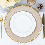 6-Pack Acrylic Round Charger Plates 13" in Taupe with Gold Beaded Rim, Decorative Dinner Party Charger Tableware
