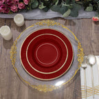 25-Pack Paper 10" Round Dinner Plates in Burgundy Sunray Design with Gold Rim - Disposable Heavy Duty 350GSM Party Plates