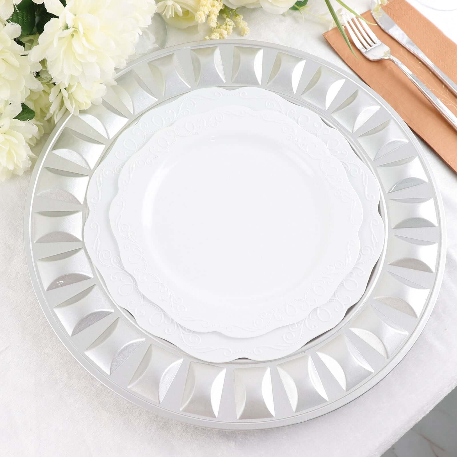 6-Pack Plastic Round Charger Plates 13" in Silver with Bejeweled Rim, Luxe Decorative Dinner Party Charger Tableware