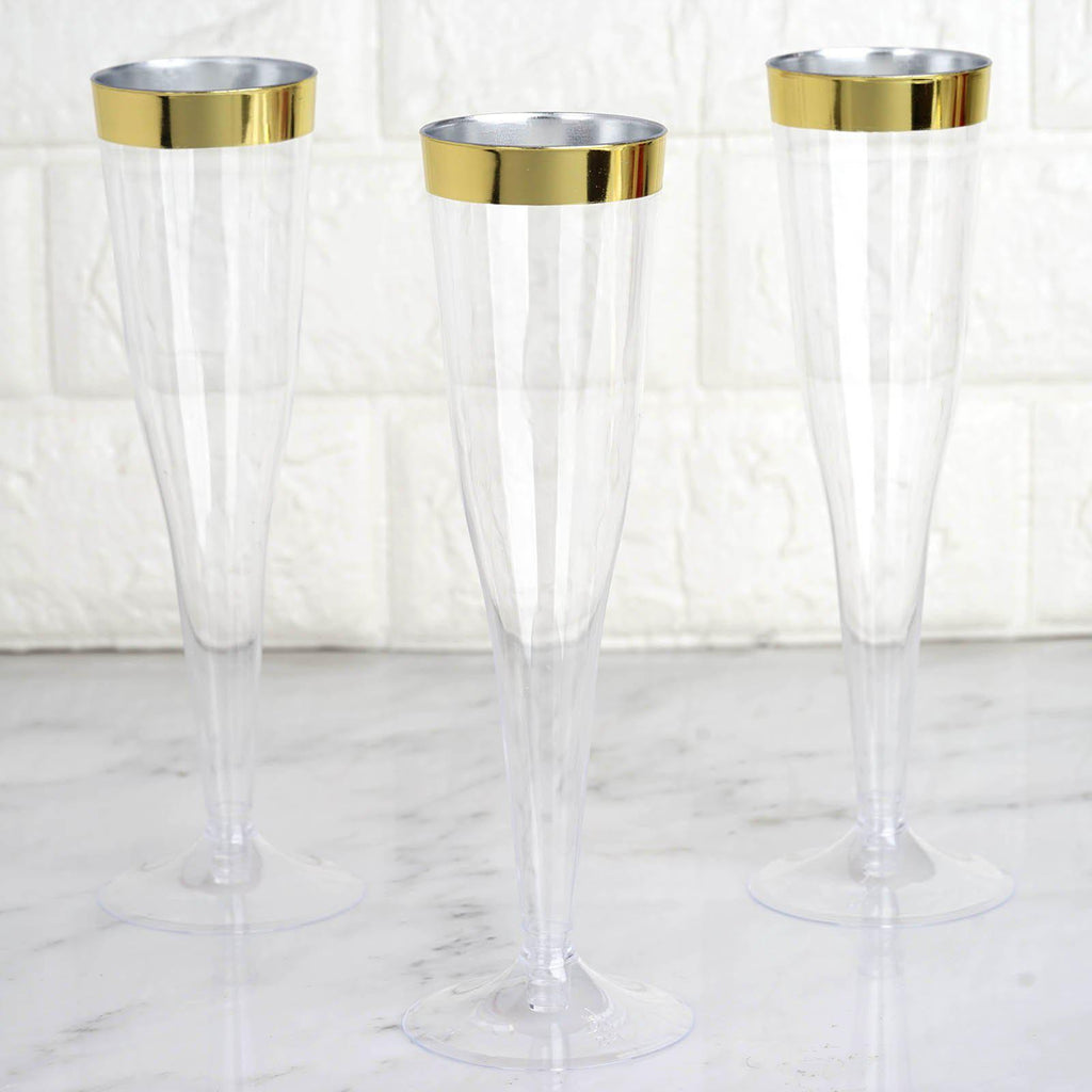 12-Pack Plastic Champagne Flutes Clear/Gold Hollow Stem - Stylish Disposable Glasses with Detachable Base for Toasts 6oz