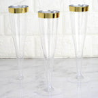 12-Pack Plastic Champagne Flutes Clear/Gold Hollow Stem - Stylish Disposable Glasses with Detachable Base for Toasts 6oz