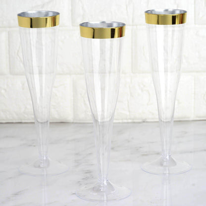 12-Pack Plastic Champagne Flutes Clear/Gold Hollow Stem - Stylish Disposable Glasses with Detachable Base for Toasts 6oz