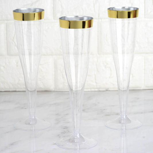 12-Pack Plastic Champagne Flutes Clear/Gold Hollow Stem - Stylish Disposable Glasses with Detachable Base for Toasts 6oz