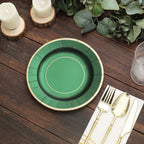 25-Pack Paper 8" Round Dessert Plates in Hunter Emerald Green Sunray Design with Gold Rim - Disposable Heavy Duty 350GSM Appetizer Salad Plates