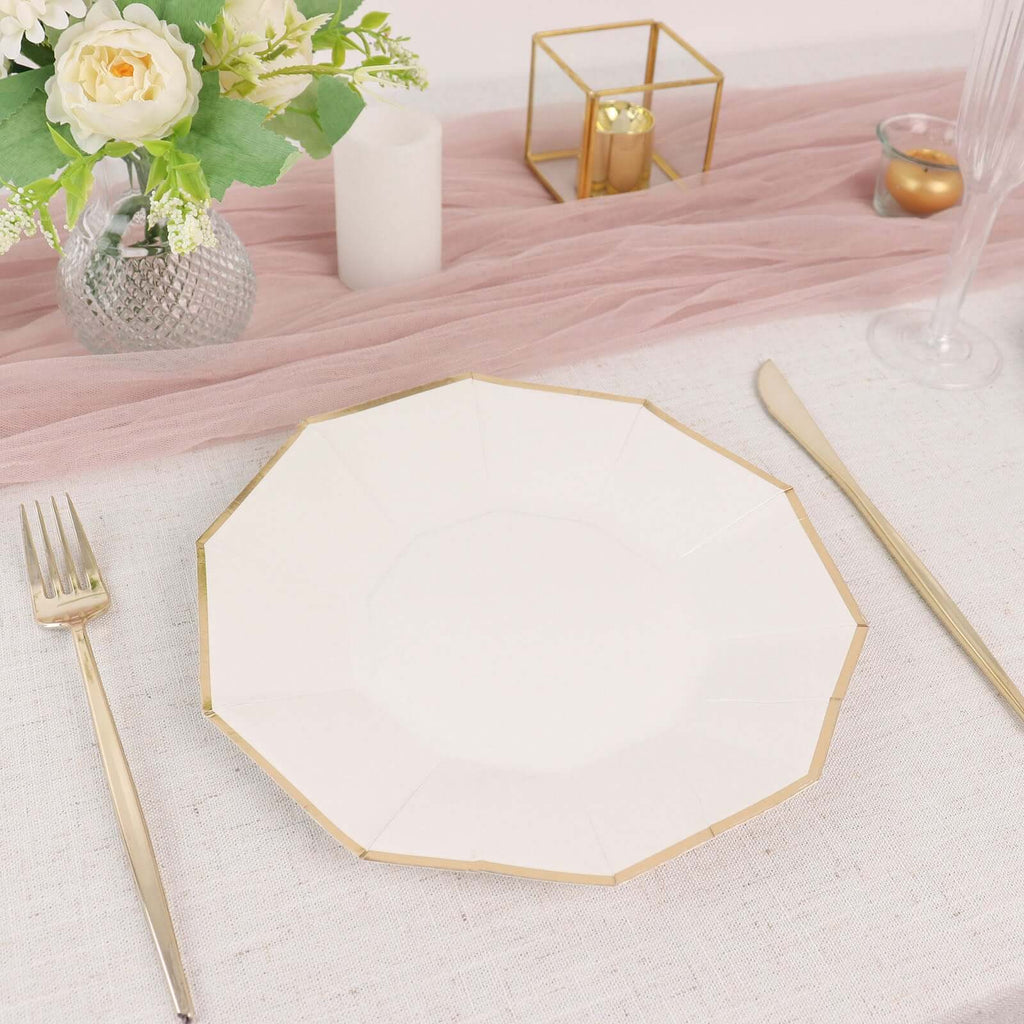 25-Pack Paper 9" Decagon Dinner Plates in White with Gold Foil Rim - Disposable Geometric Party Plates for Modern Weddings & Events