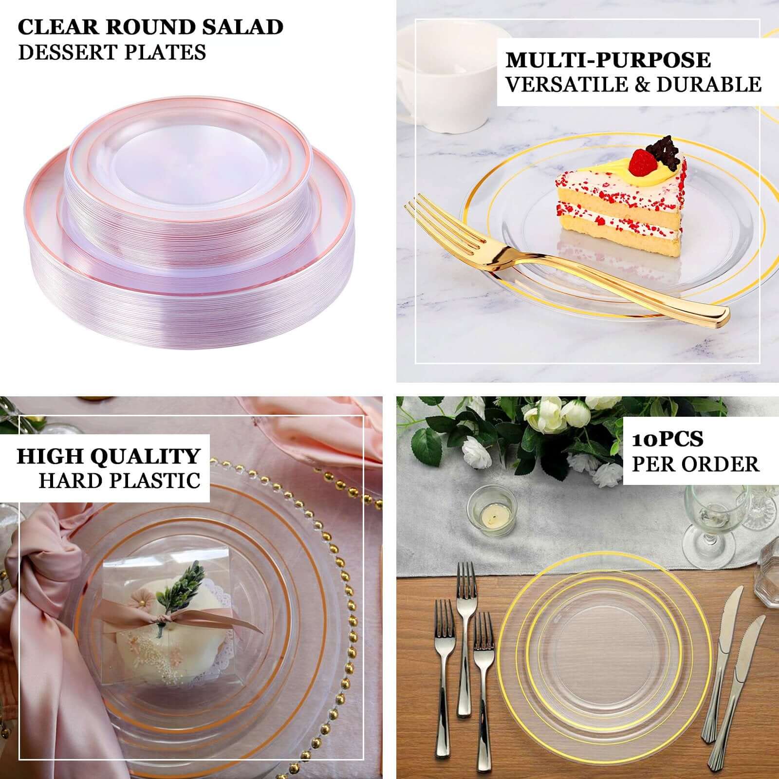 10-Pack Plastic Dinner Plates Clear with TrÃ¨s Chic Gold Rim - Perfect Disposable Party Plates 10"