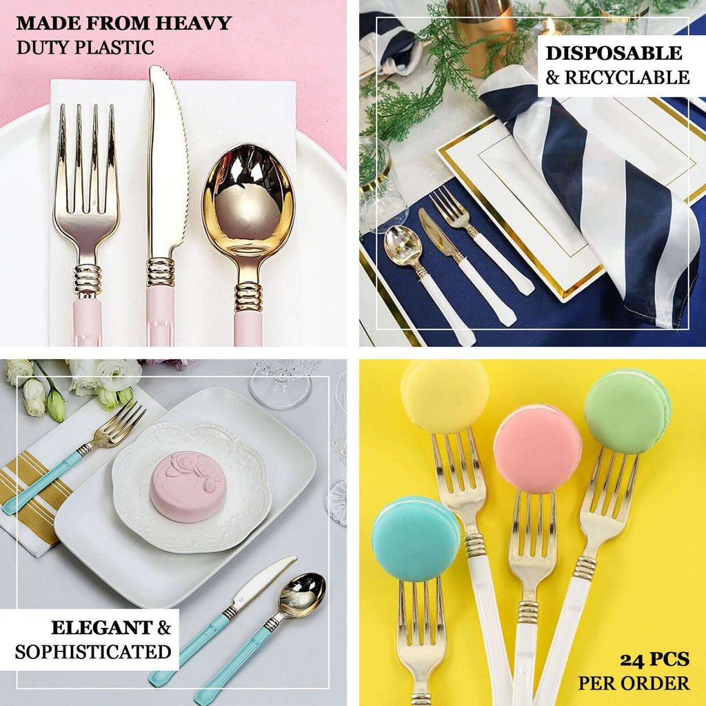 24-Pack Plastic Forks Gold with White Handles - Durable Food Safe Disposable Silverware for Lunch Buffets & Catering Services 7"