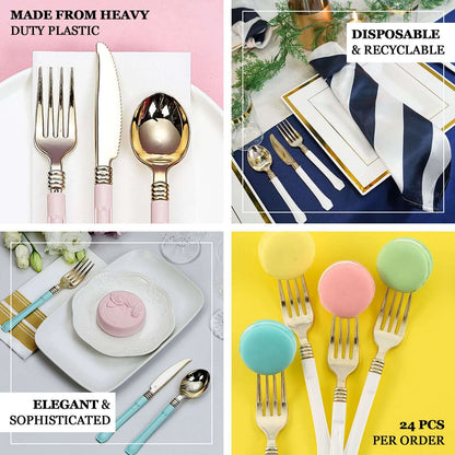 24-Pack Plastic Forks Gold with White Handles - Durable Food Safe Disposable Silverware for Lunch Buffets & Catering Services 7"
