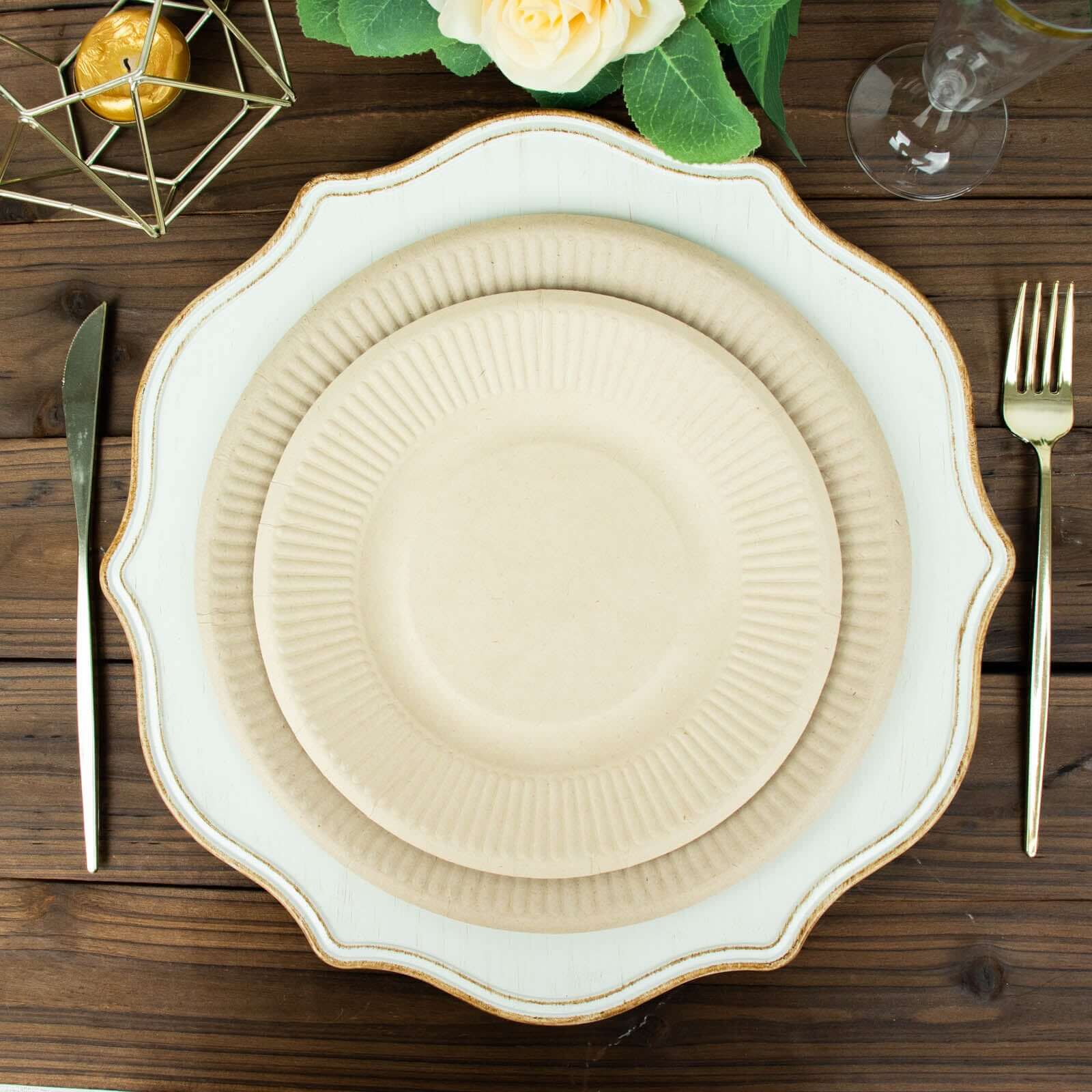 50-Pack Bagasse 8" Round Dessert Plates in Natural with Ribbed Rim