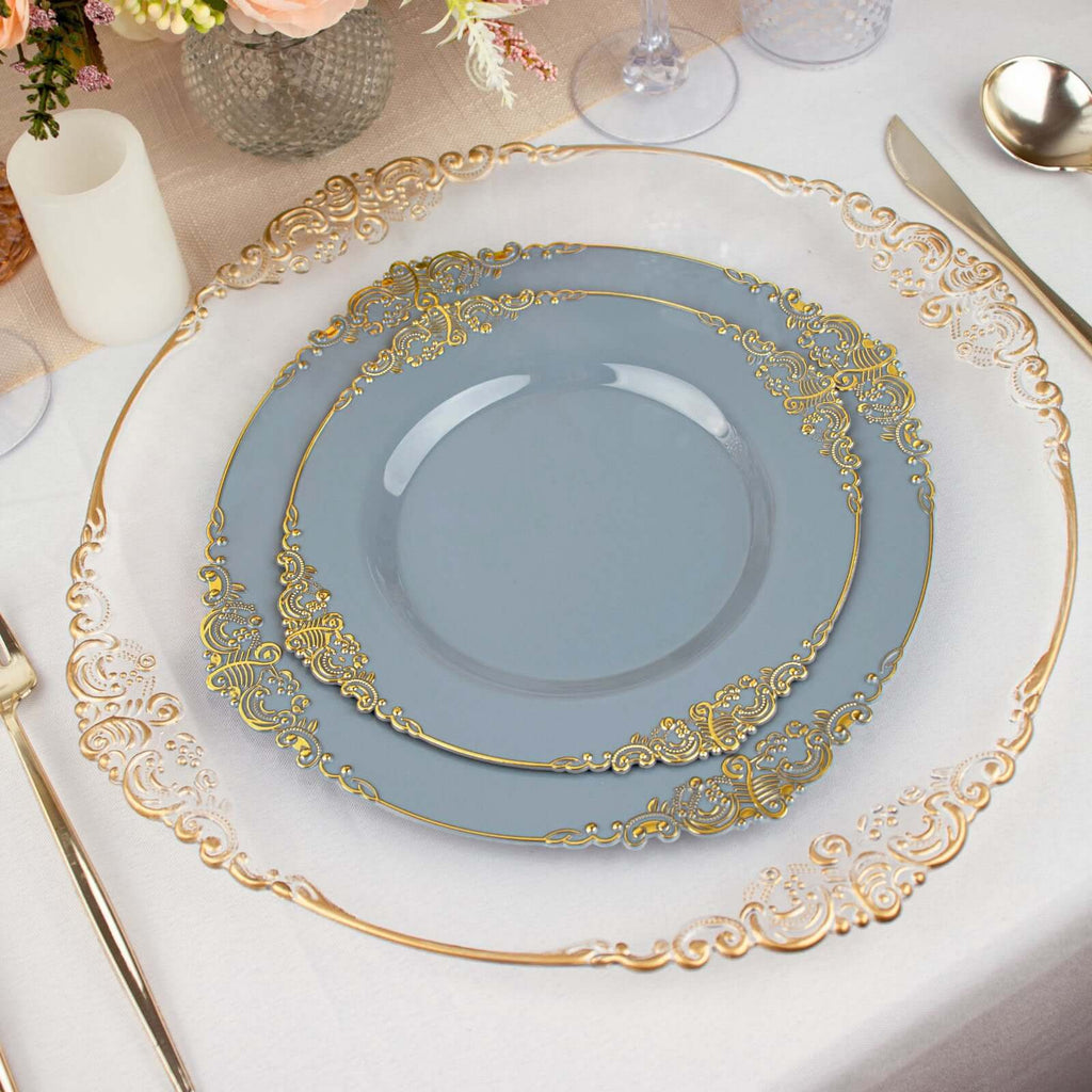 10-Pack Plastic 8" Round Dessert Plates in Dusty Blue with Gold Leaf Embossed Rim - Disposable Vintage Baroque Style Salad Plates