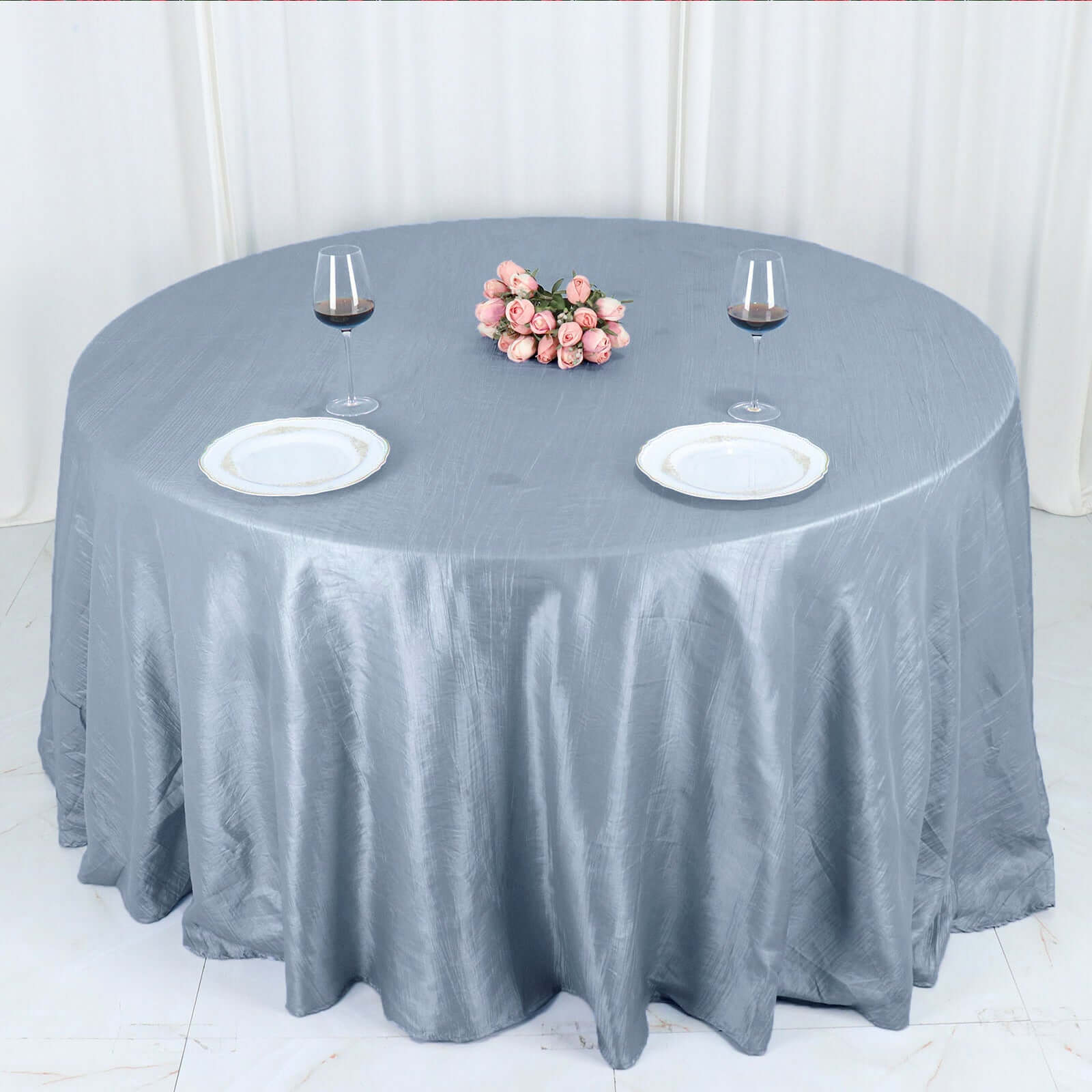 Taffeta 132" Round Tablecloth Dusty Blue - Seamless Accordion Crinkle Table Cover