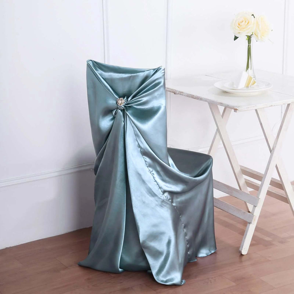 Satin Chair Cover Self-Tie Universal Design Dusty Blue - Durable Slip-On Cover for Folding, Dining, Banquet & Standard Chairs