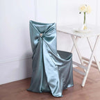Satin Chair Cover Self-Tie Universal Design Dusty Blue - Durable Slip-On Cover for Folding, Dining, Banquet & Standard Chairs