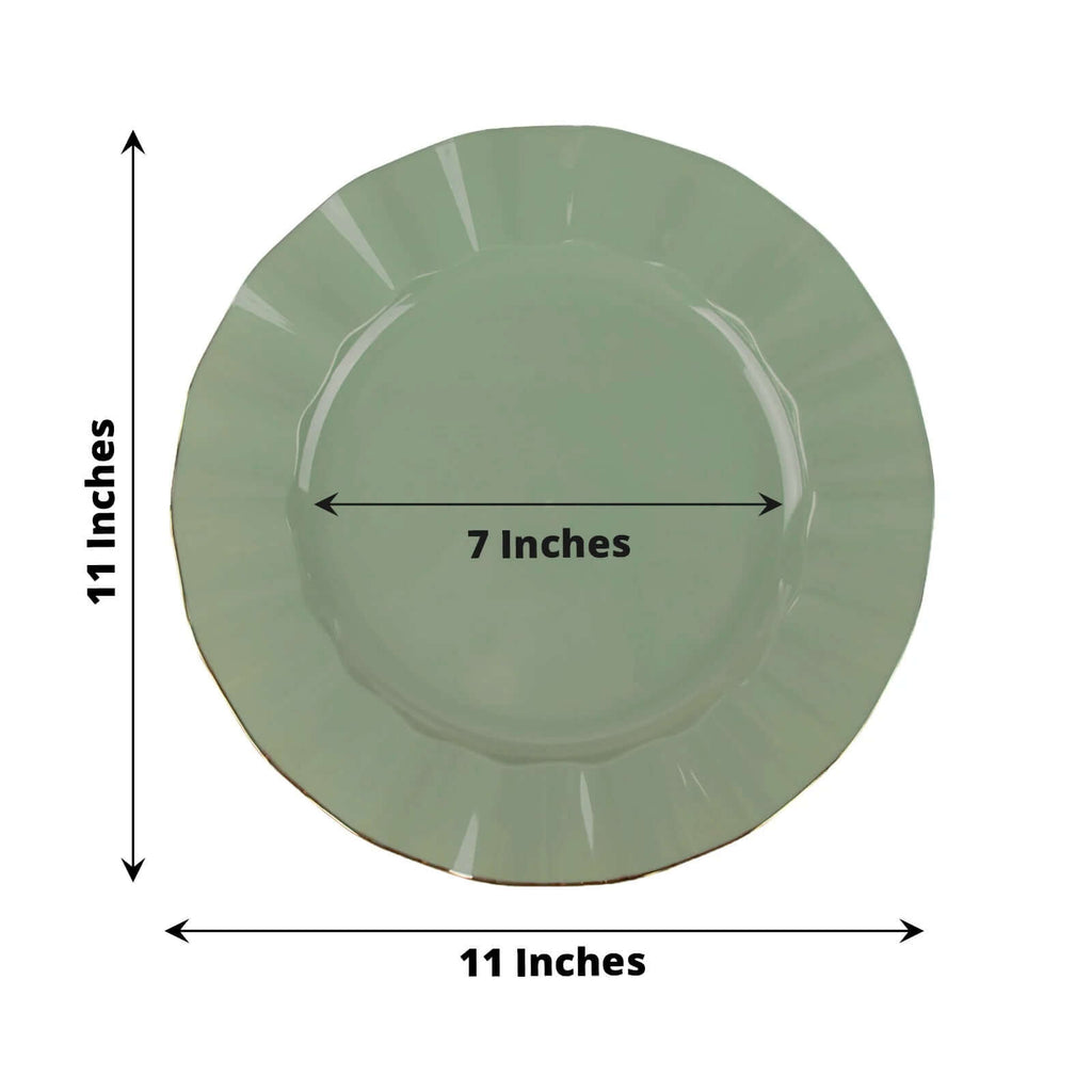 10-Pack Plastic 11" Round Dinner Plates in Dusty Sage Green Ruffled Rim with Gold Edging - Sturdy Disposable Dinnerware