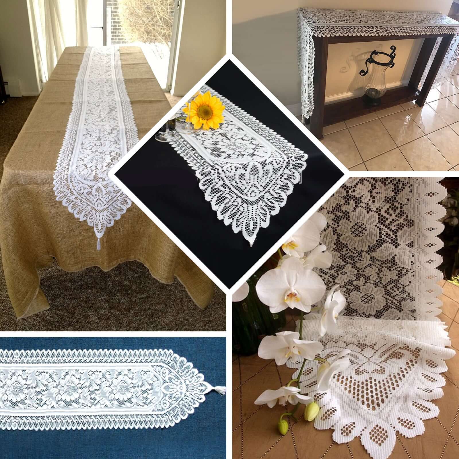 Lace 14"x108" Table Runner White Floral Embroidered - Vintage Style Tabletop Decor