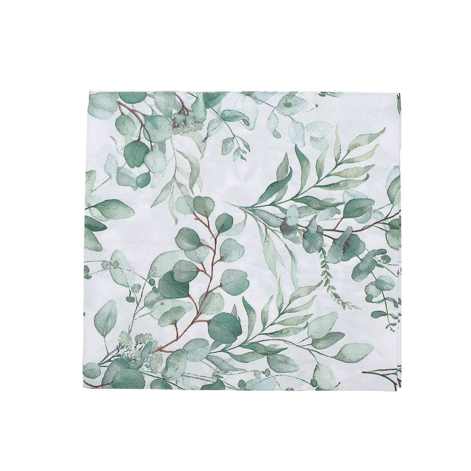 20-Pack Paper Beverage Napkins with Green Foliage Eucalyptus Leaves Design - 2 Ply Soft 18GSM Boho Wedding Napkins 6.5"x6.5"