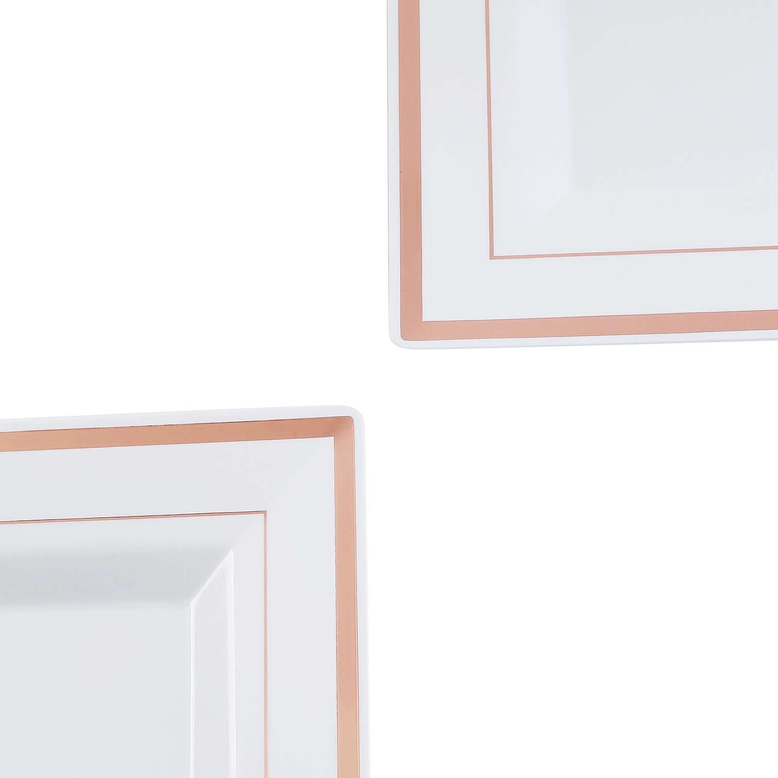10-Pack Plastic Dinner Plates White Square with Rose Gold Trim - Lightweight Disposable Plates for Events 10"