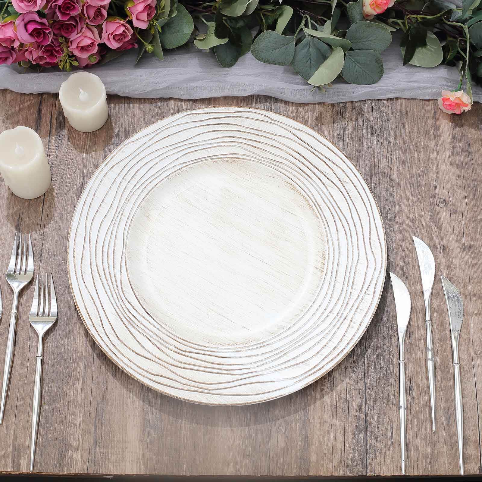 6-Pack Faux Wood Round Charger Plates 13" White Washed with Rose Embossed Rim, Disposable Plastic Charger Tableware