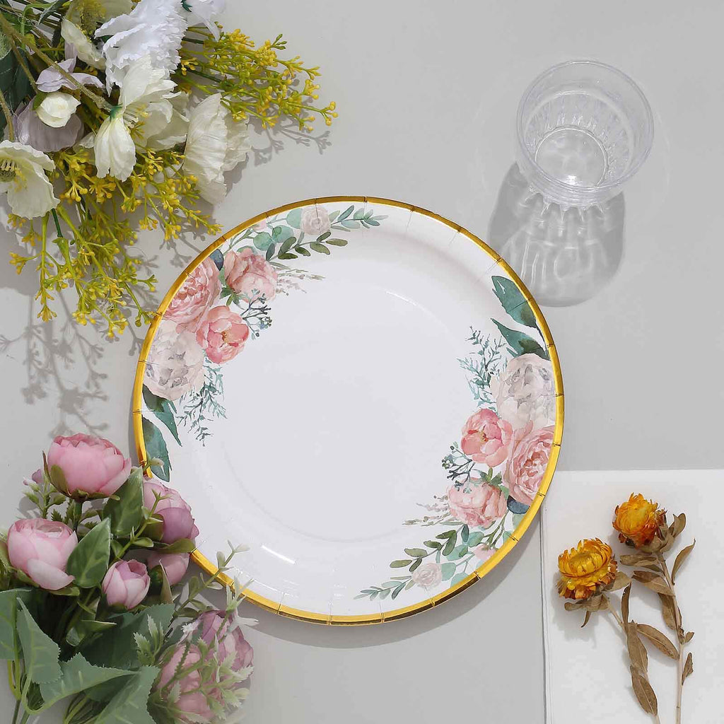 25-Pack Paper 9" Round Dinner Plates White with Peony Floral Design & Gold Rim - Disposable Floral Party Plates for Brunches & Afternoon Teas