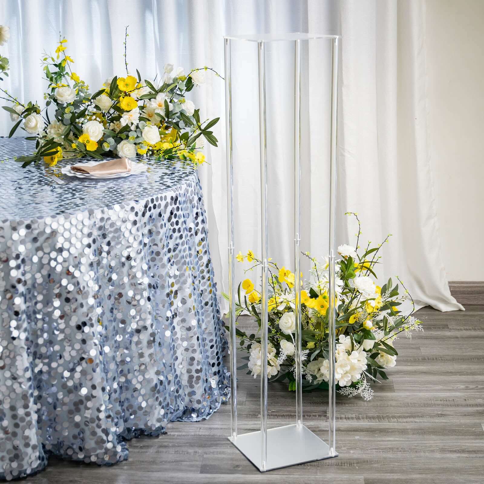 Acrylic Floor Vase Flower Stand with Square Mirror Base Clear - Decorative Wedding Column for Large Events 48"