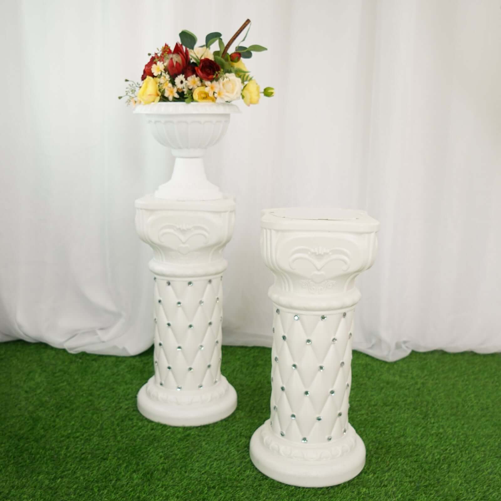 2 Pack White Crystal Beaded Pedestal Stand French Inspired Pillar With 10mm Crystal Studs - 25" Tall PVC