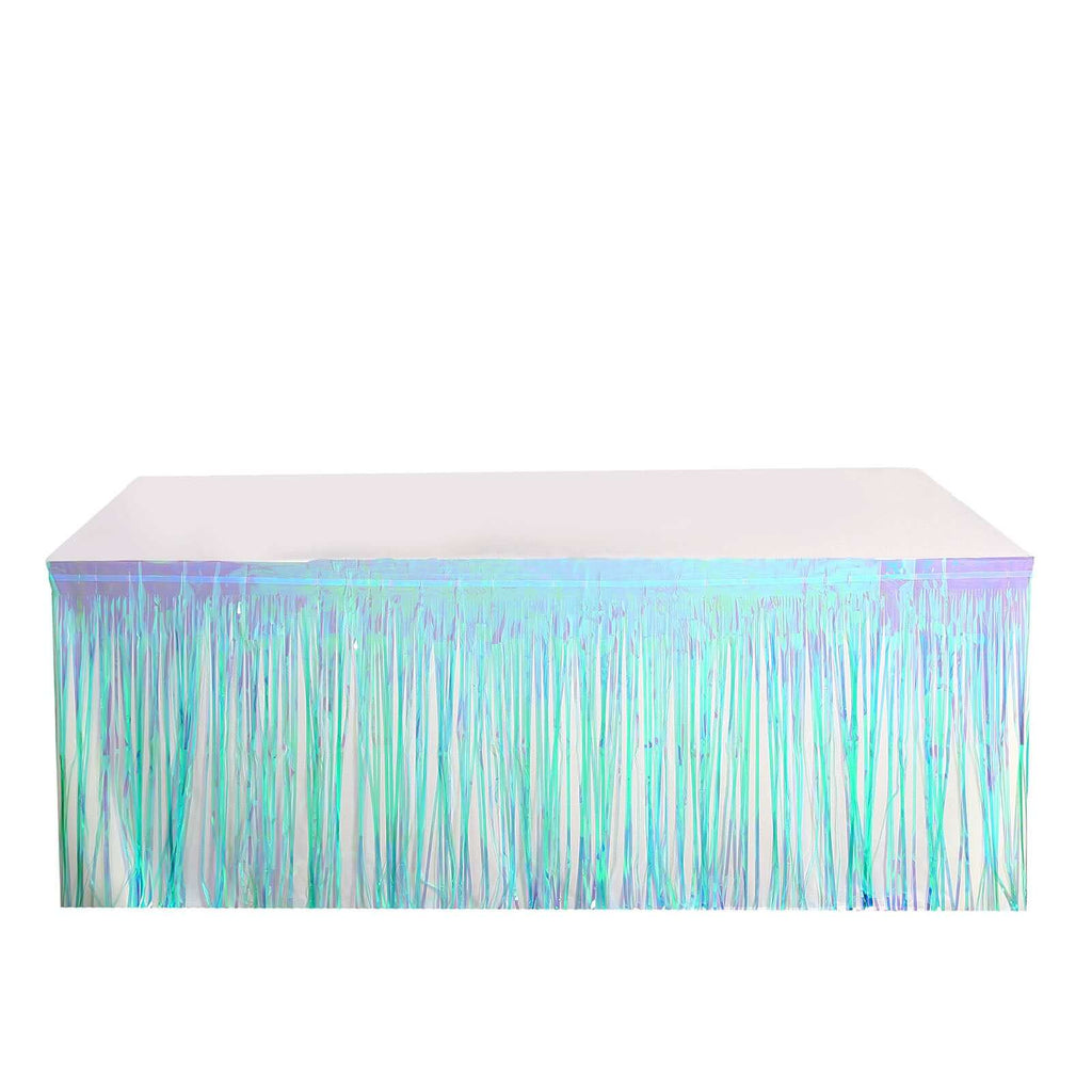 Metallic Foil Fringe Table Skirt Iridescent Blue with Self Adhesive Backing - Durable Tinsel Skirt for Parties 30"x9ft