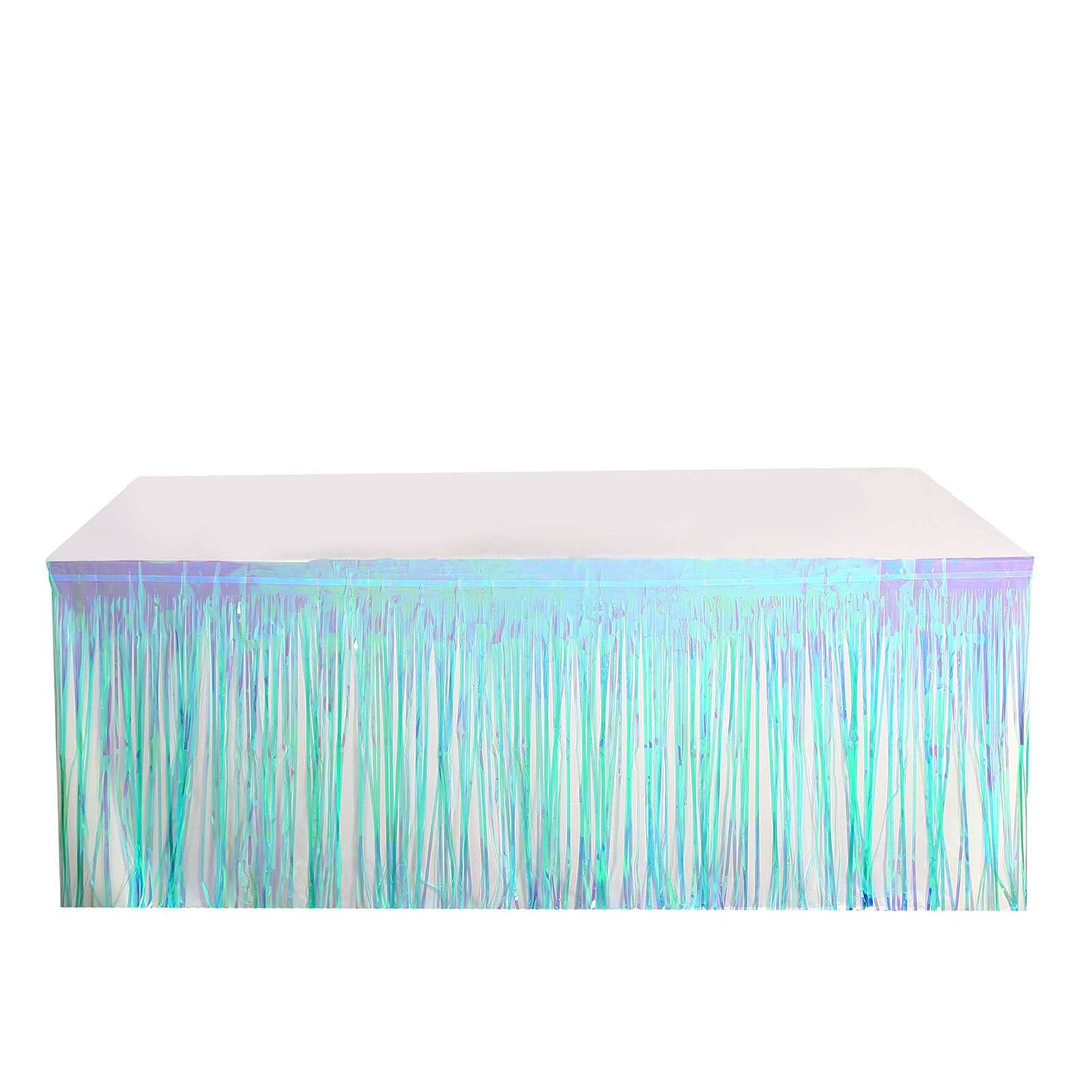 Metallic Foil Fringe Table Skirt Iridescent Blue with Self Adhesive Backing - Durable Tinsel Skirt for Parties 30"x9ft