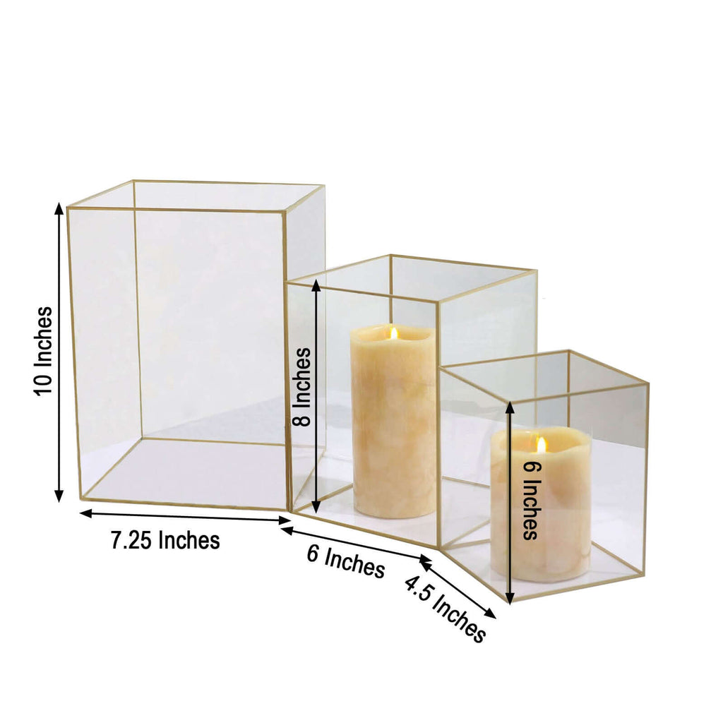 Set of 3 Candle Holders Acrylic Flower Display Boxes with Gold Rims Clear - Decorative Pillar Centerpieces 6", 8", 10"