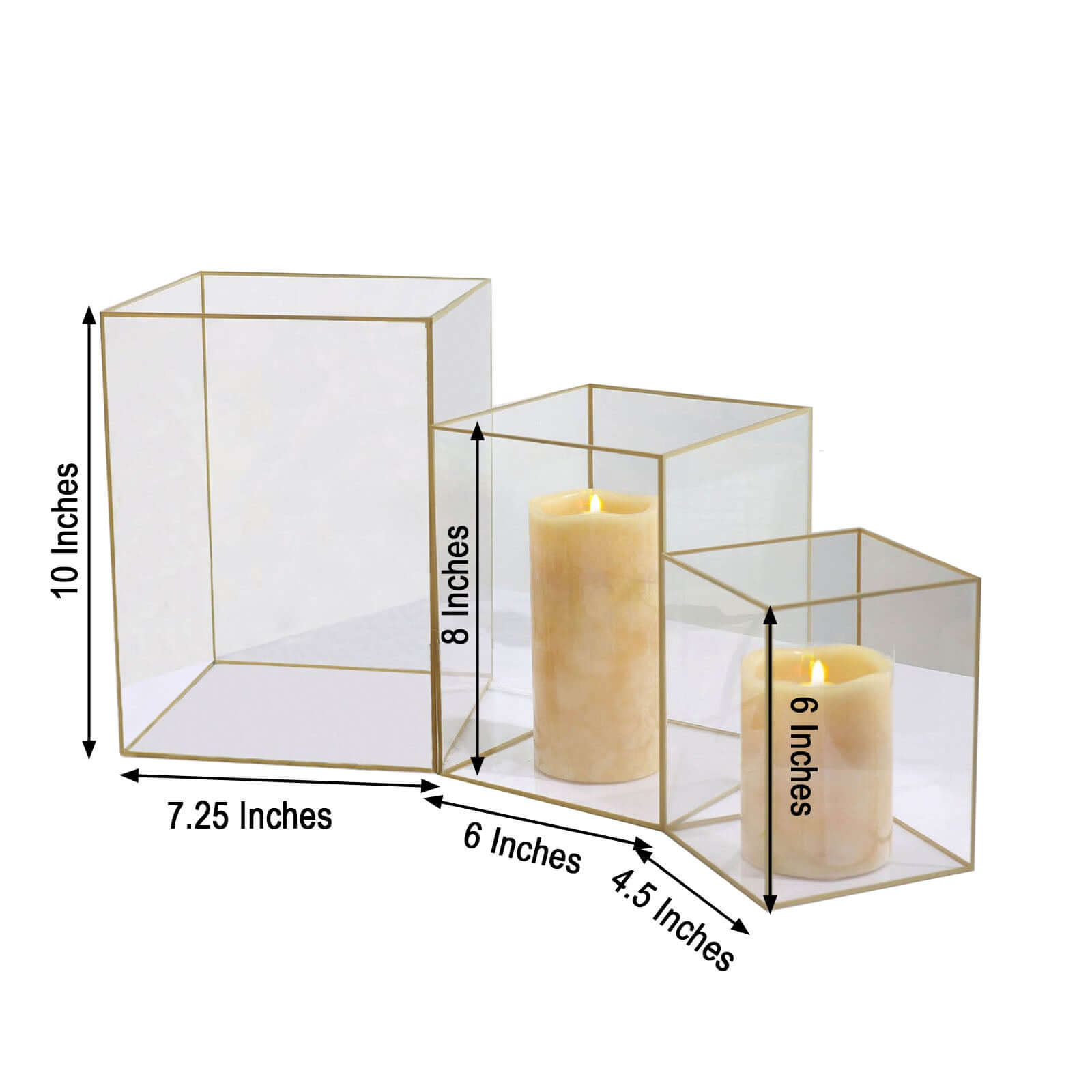 Set of 3 Candle Holders Acrylic Flower Display Boxes with Gold Rims Clear - Decorative Pillar Centerpieces 6", 8", 10"