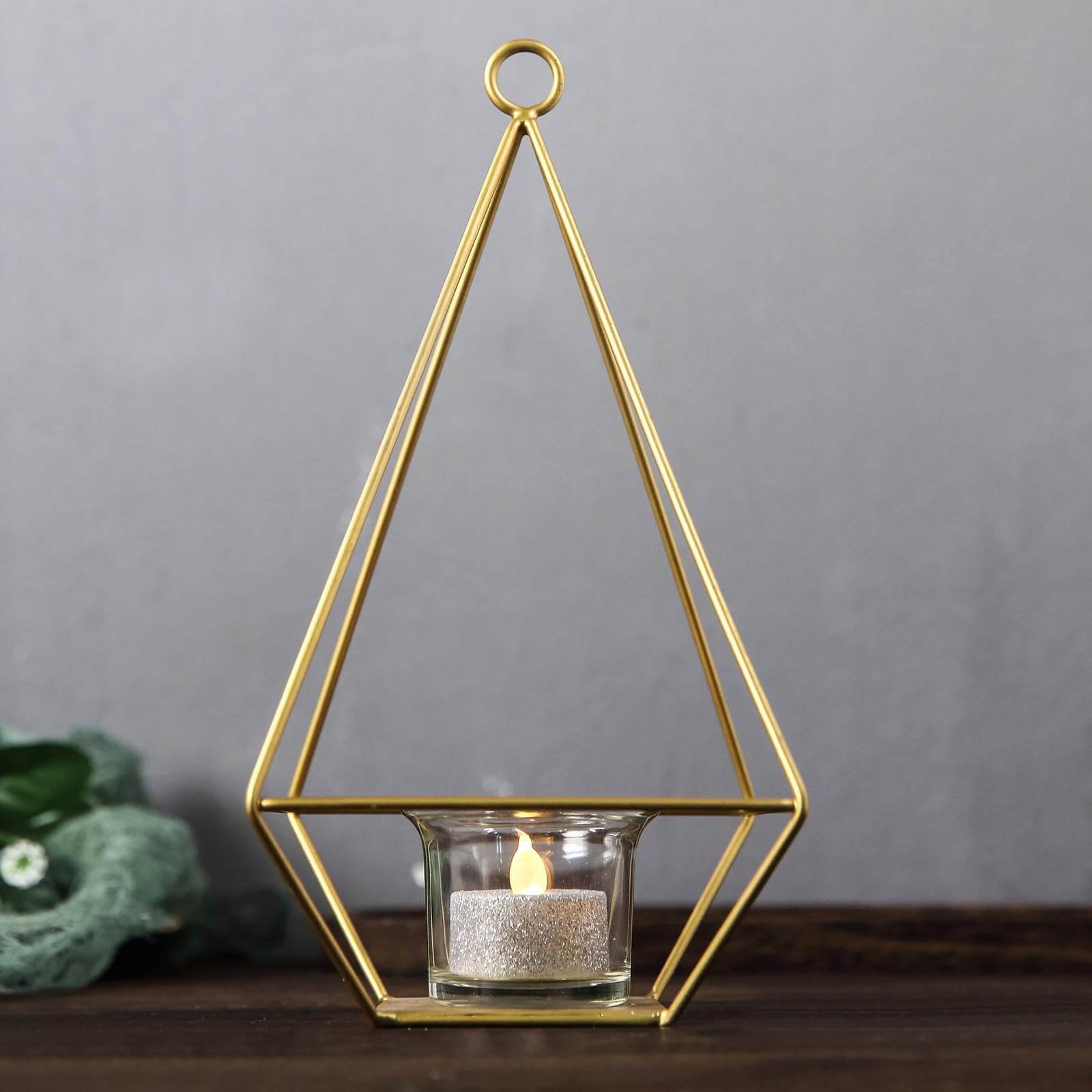 2-Pack Tealight Candle Holders Gold Metal Pyramid Geometric Open Frame - Flower Stand 9"