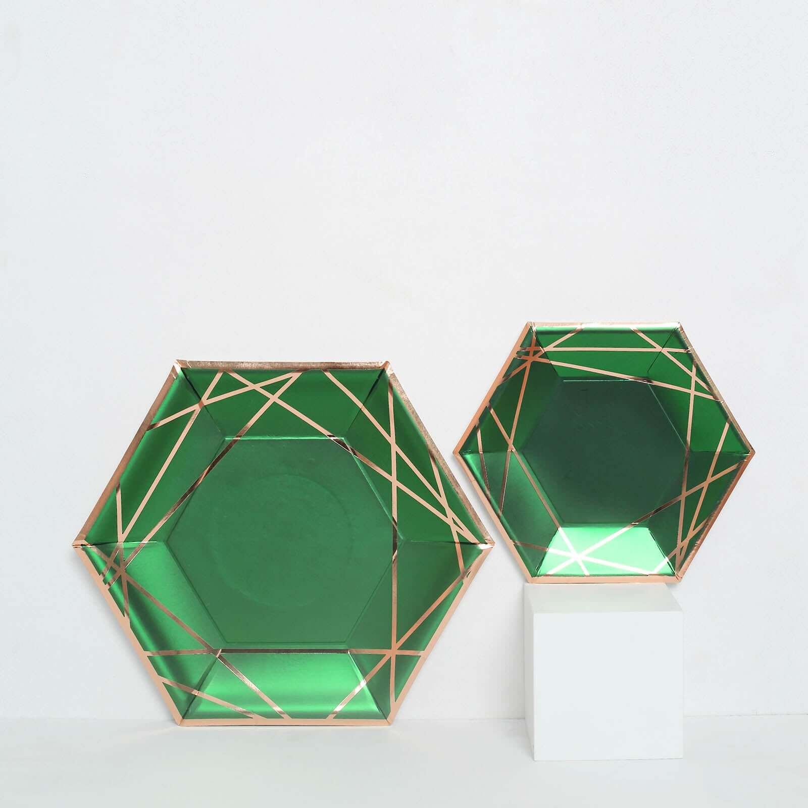 25-Pack Paper 9" Hexagon Dinner Plates in Hunter Emerald Green with Gold Geometric Lines & Rim - Stylish Disposable Geometric 300GSM Party Plates
